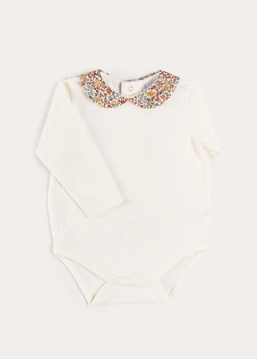Marianne Floral Collar Long Sleeve Bodysuit in Toffee Made with Liberty Fabric (1mth-3yrs) Tops & Bodysuits from Pepa London