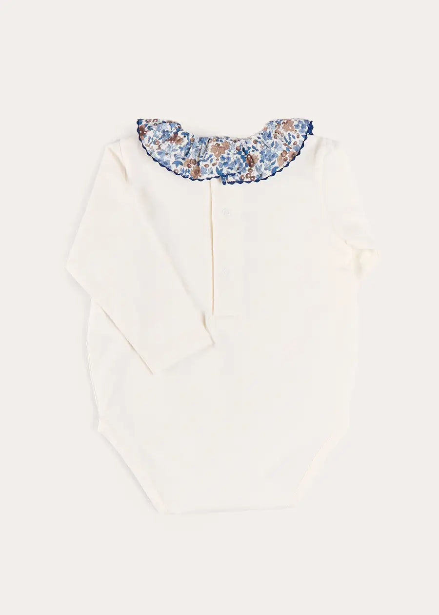 Beatrice Floral Ruffle Collar Long Sleeve Bodysuit in White (1mth-3yrs) Tops & Bodysuits from Pepa London