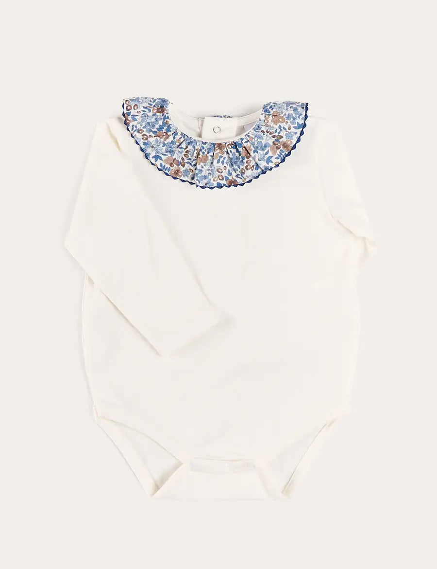 Beatrice Floral Ruffle Collar Long Sleeve Bodysuit in White (1mth-3yrs) Tops & Bodysuits from Pepa London