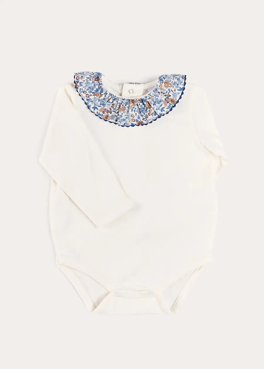 Beatrice Floral Ruffle Collar Long Sleeve Bodysuit in White (1mth-3yrs) Tops & Bodysuits from Pepa London
