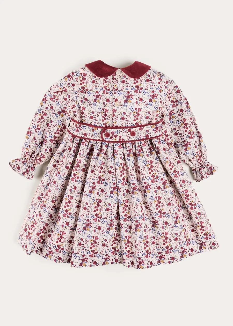 Louisa Floral Velvet Collar Long Sleeve Dress in Burgundy (18mths-10yrs) Dresses from Pepa London