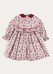 Louisa Floral Velvet Collar Long Sleeve Dress in Burgundy (18mths-10yrs) Dresses from Pepa London