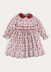Louisa Floral Velvet Collar Long Sleeve Dress in Burgundy (18mths-10yrs) Dresses from Pepa London
