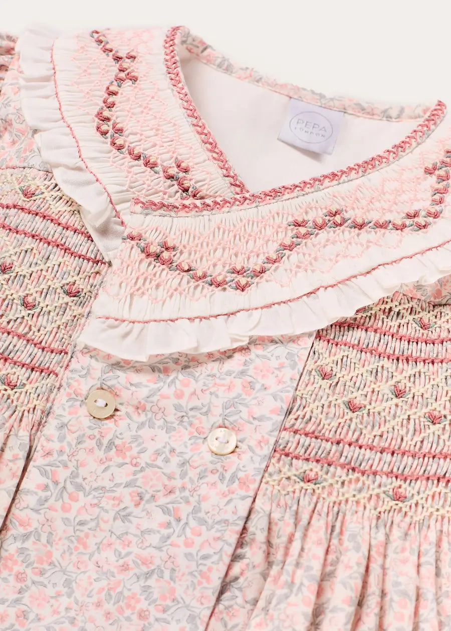 Adelaide Floral Double Breasted Embroidered Long Sleeve Dress in Pink (18mths-10yrs) Dresses from Pepa London