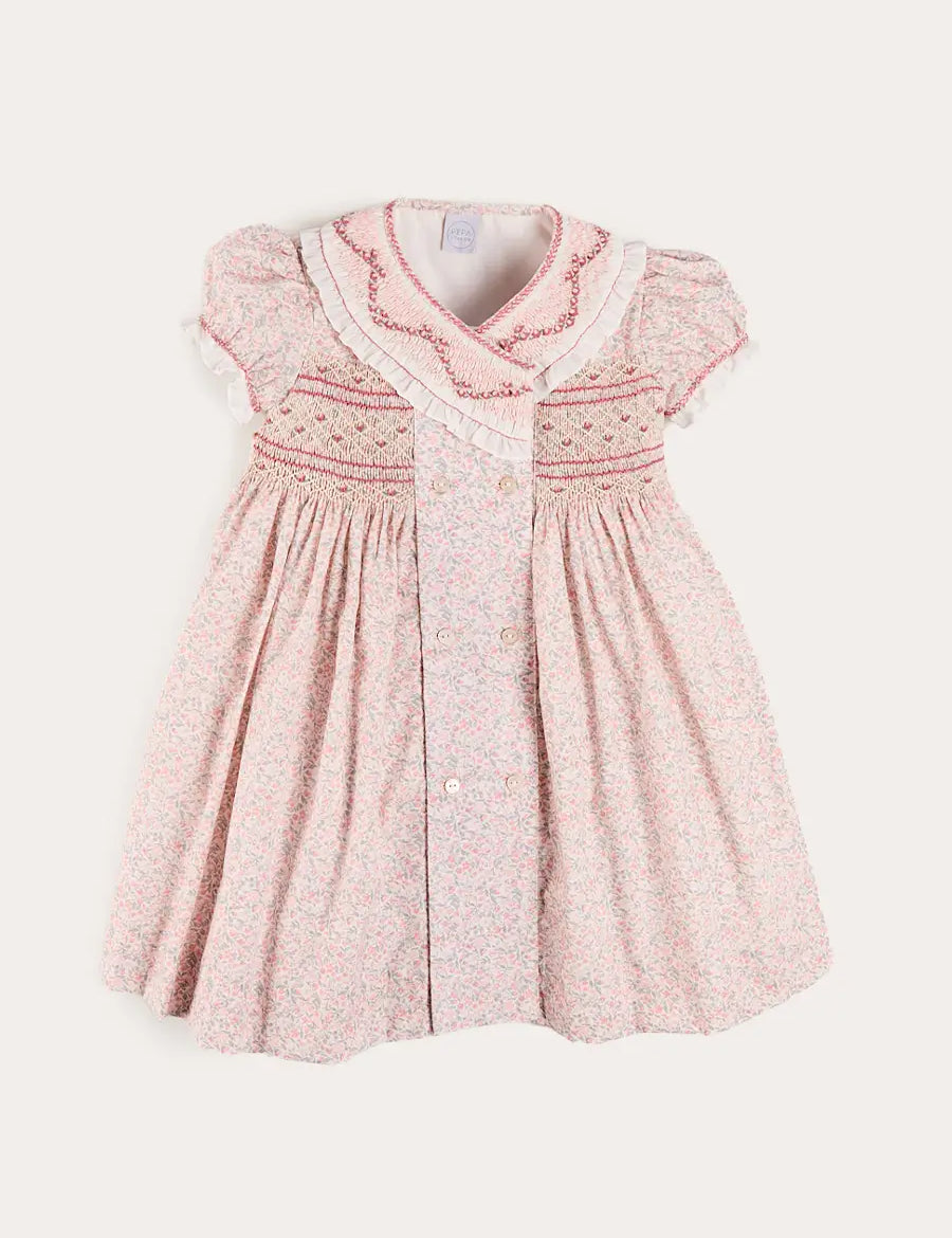 Adelaide Floral Double Breasted Embroidered Short Sleeve Dress in Pink (18mths-10yrs) Dresses from Pepa London