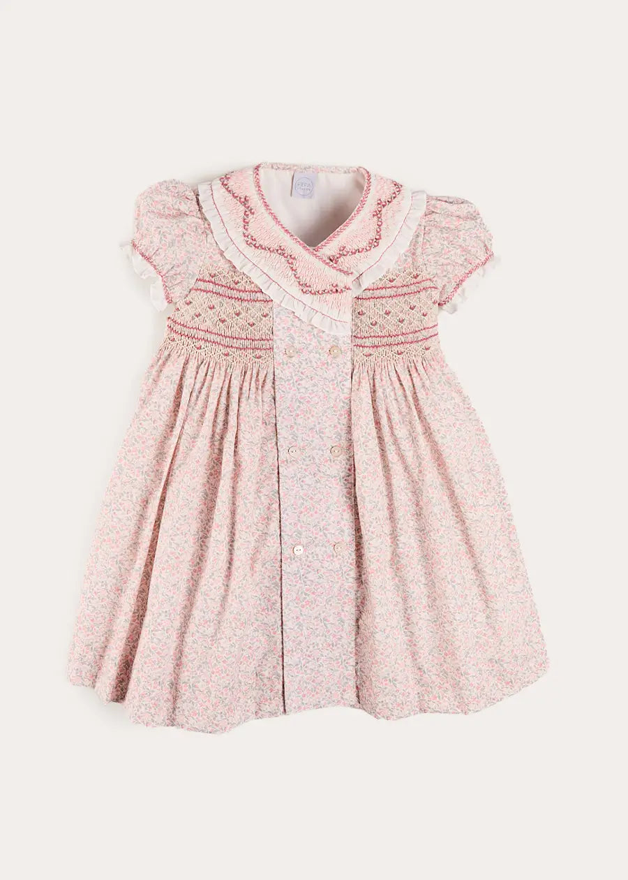 Adelaide Floral Double Breasted Embroidered Long Sleeve Dress in Pink (18mths-10yrs) Dresses from Pepa London