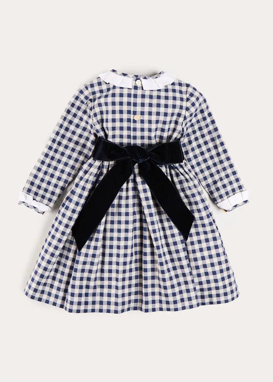 Draycott Check Long Sleeve Velvet Bow Dress in Blue (18mths-10yrs) Dresses from Pepa London