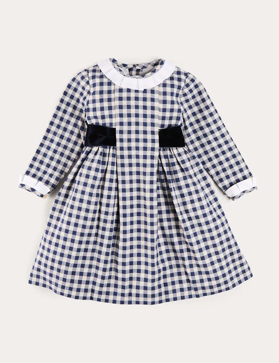 Draycott Check Long Sleeve Velvet Bow Dress in Blue (18mths-10yrs) Dresses from Pepa London