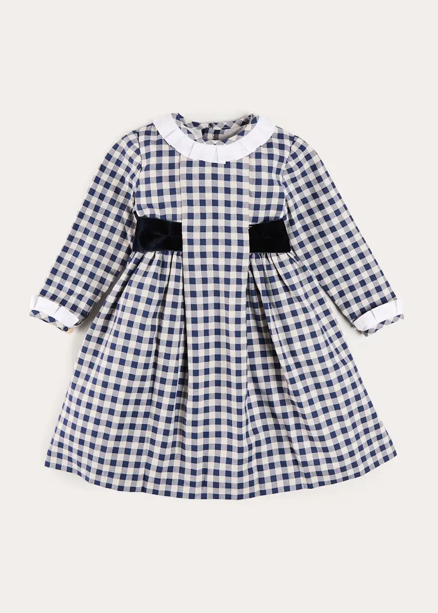 Draycott Check Long Sleeve Velvet Bow Dress in Blue (18mths-10yrs) Dresses from Pepa London