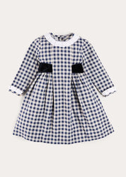 Draycott Check Long Sleeve Velvet Bow Dress in Blue (18mths-10yrs) Dresses from Pepa London