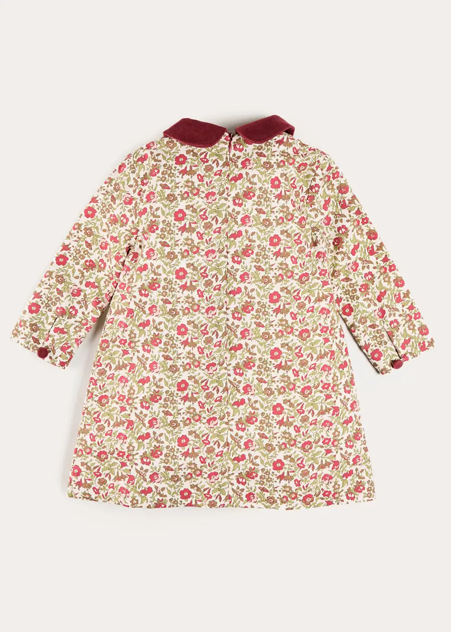Daphne Floral Long Sleeve Velvet Collar Dress in Burgundy (18mths-10yrs) Dresses from Pepa London
