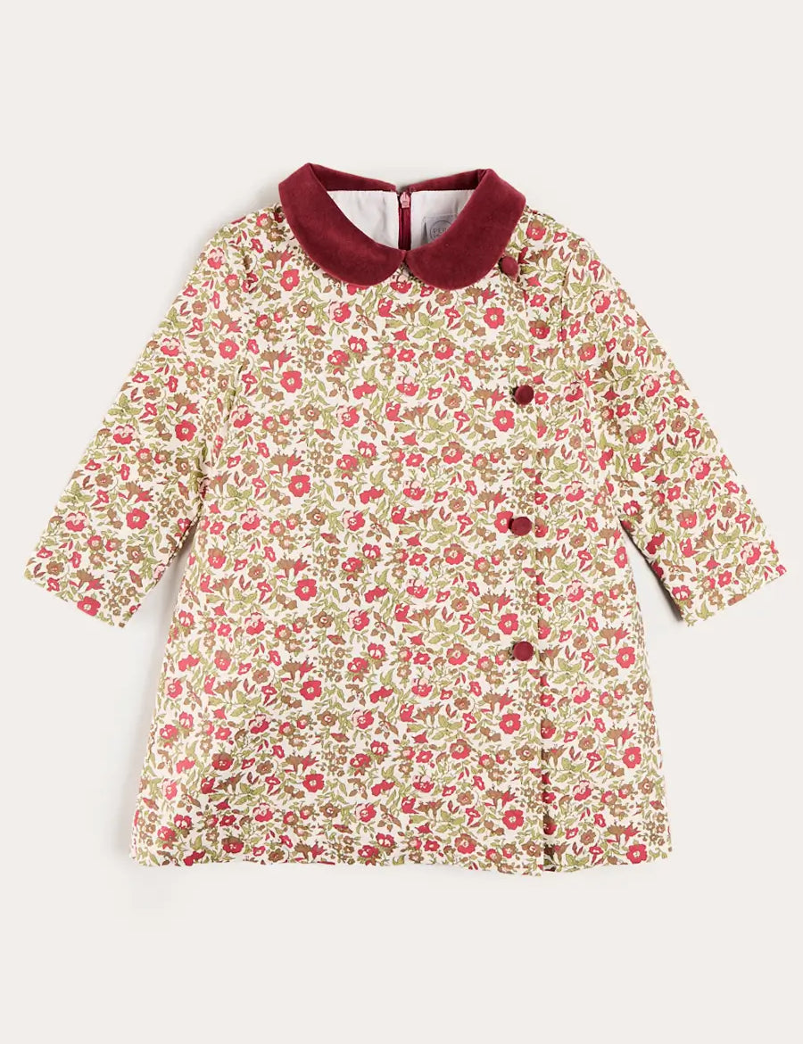 Daphne Floral Long Sleeve Velvet Collar Dress in Burgundy (18mths-10yrs) Dresses from Pepa London