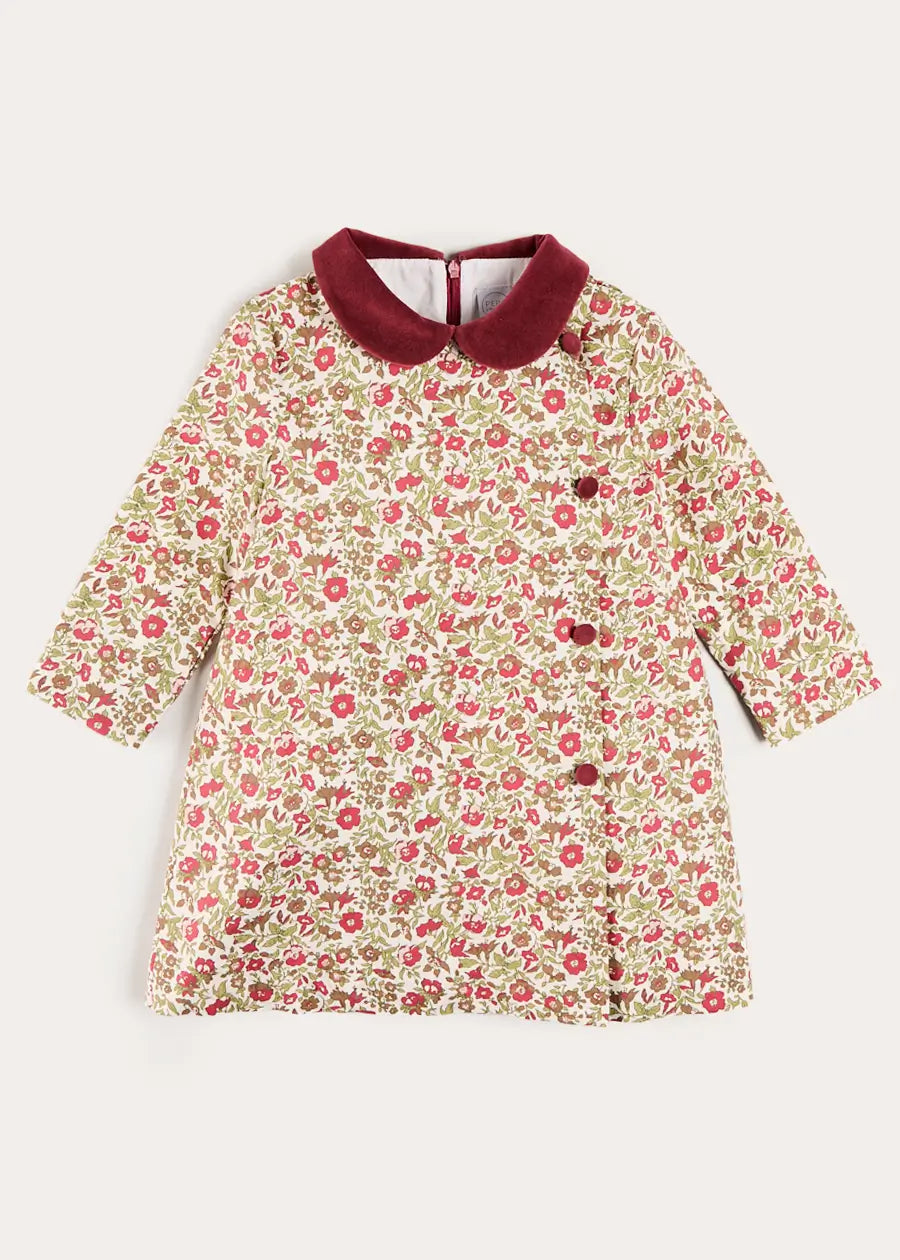 Daphne Floral Long Sleeve Velvet Collar Dress in Burgundy (18mths-10yrs) Dresses from Pepa London