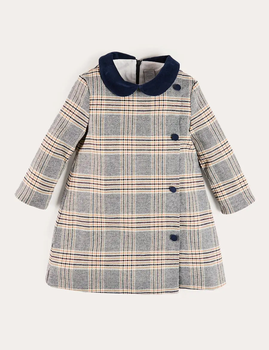 Walcott Check Long Sleeve Velvet Collar Dress in Navy (18mths-12yrs) Dresses from Pepa London