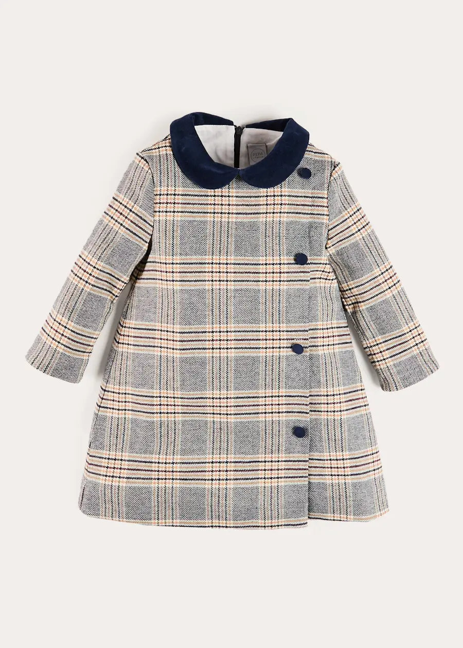 Walcott Check Long Sleeve Velvet Collar Dress in Navy (18mths-12yrs) Dresses from Pepa London
