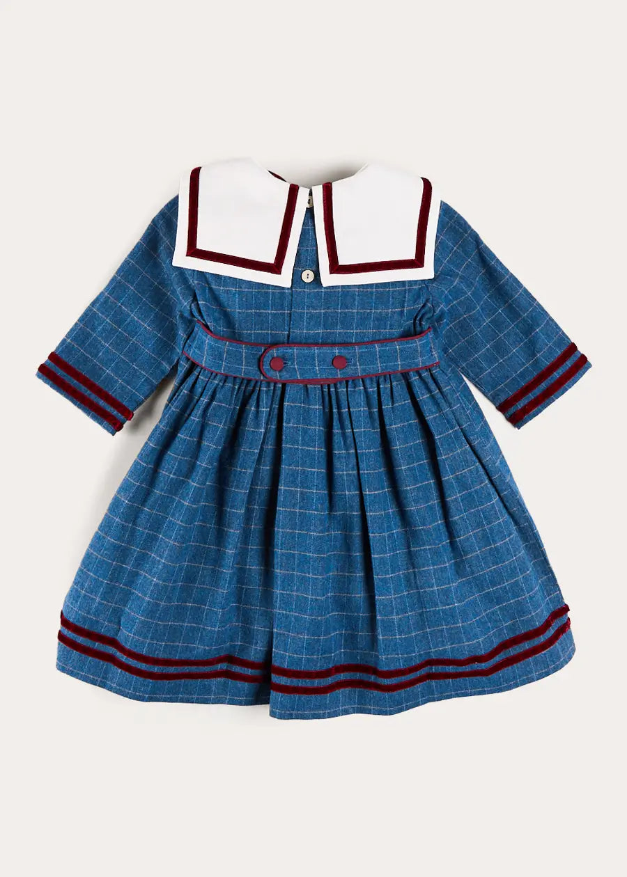 Moreton Check Mariner Collar Velvet Detail Dress in Blue (18mths-10yrs) Dresses from Pepa London