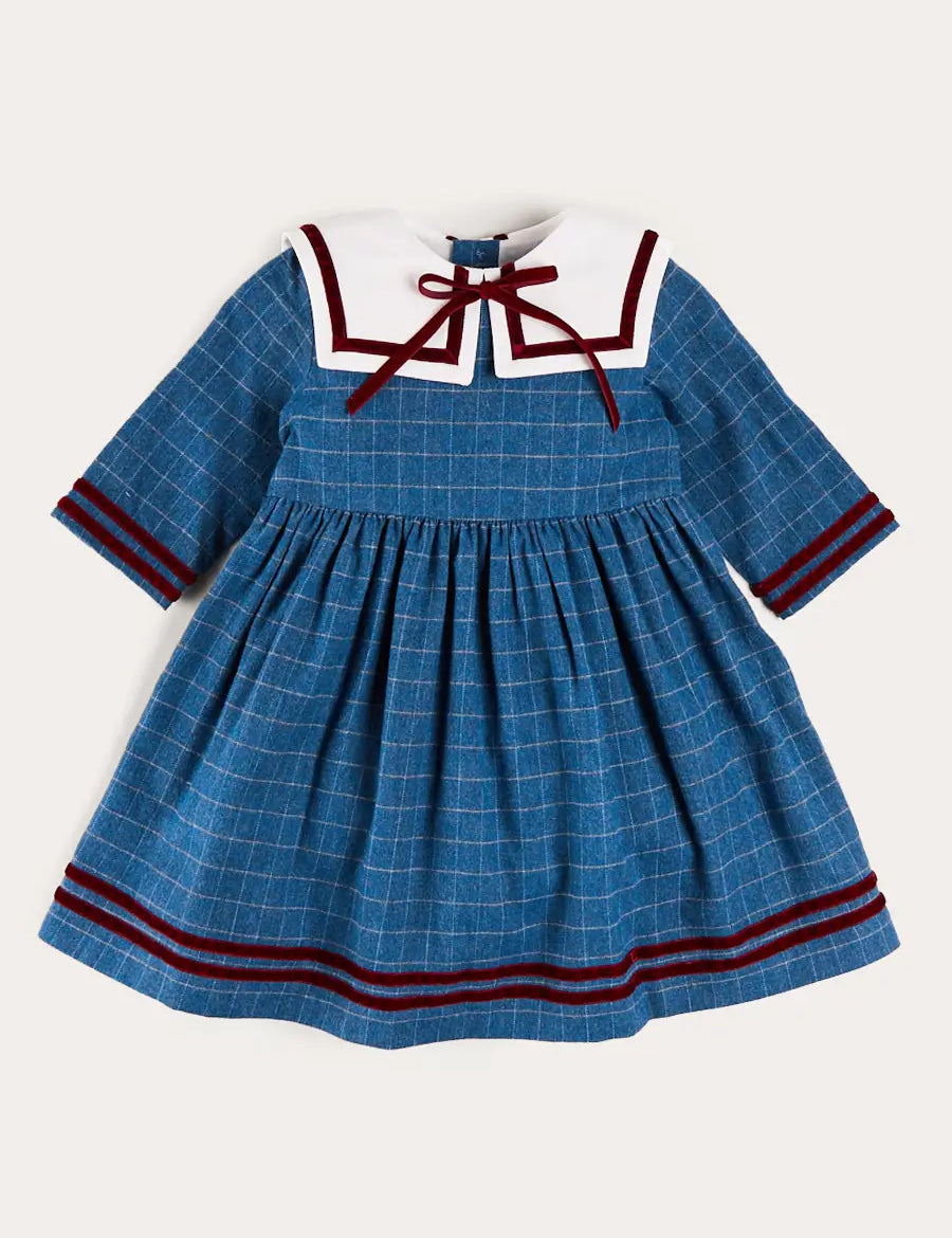 Moreton Check Mariner Collar Velvet Detail Dress in Blue (18mths-10yrs) Dresses from Pepa London