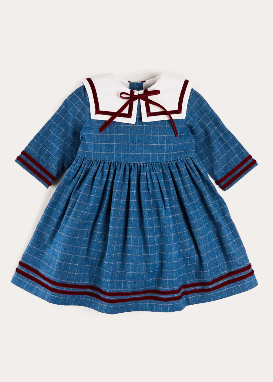 Moreton Check Mariner Collar Velvet Detail Dress in Blue (18mths-10yrs) Dresses from Pepa London