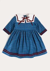Moreton Check Mariner Collar Velvet Detail Dress in Blue (18mths-10yrs) Dresses from Pepa London