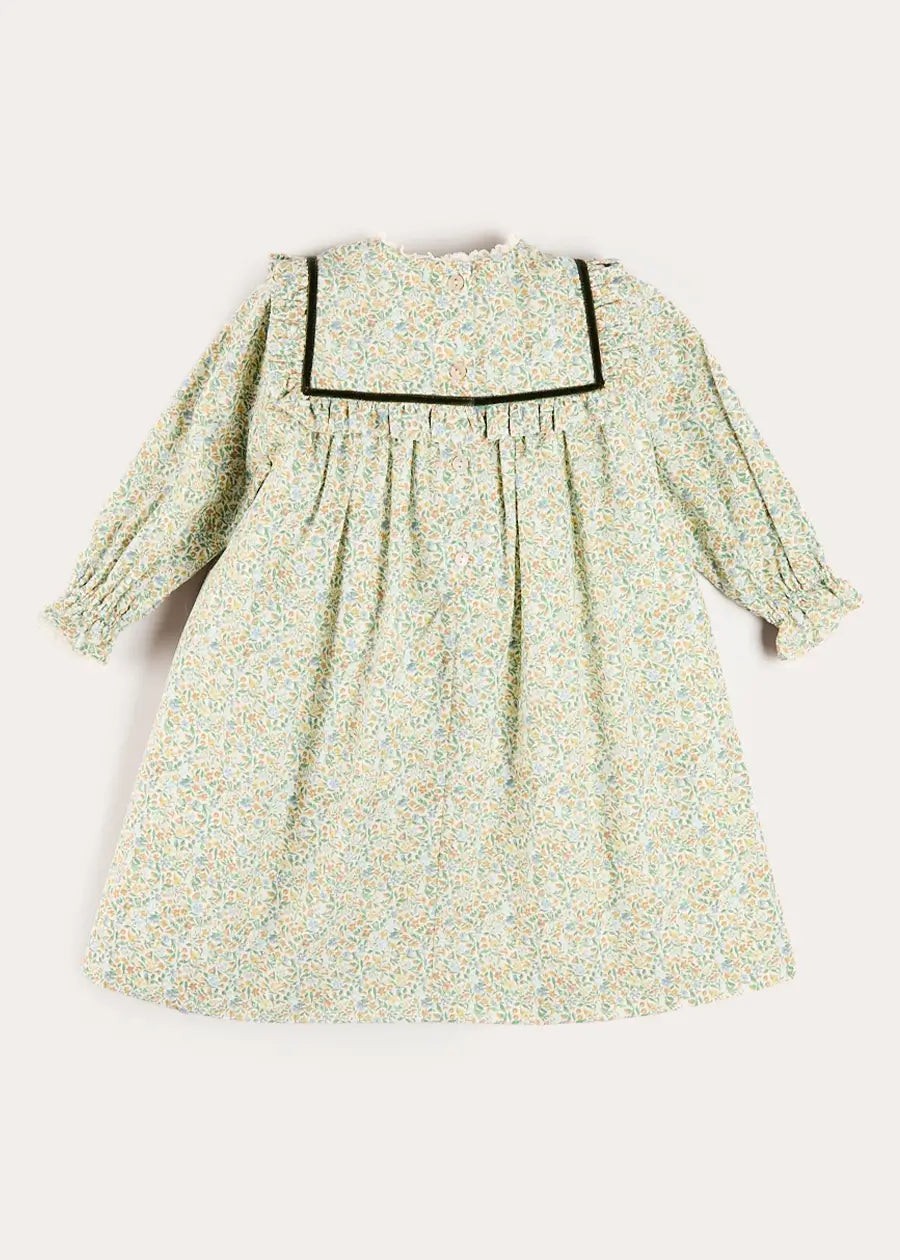 Adelaide Floral Velvet Bow Long Sleeve Trapeze Dress in Green (18mths-10yrs) Dresses from Pepa London