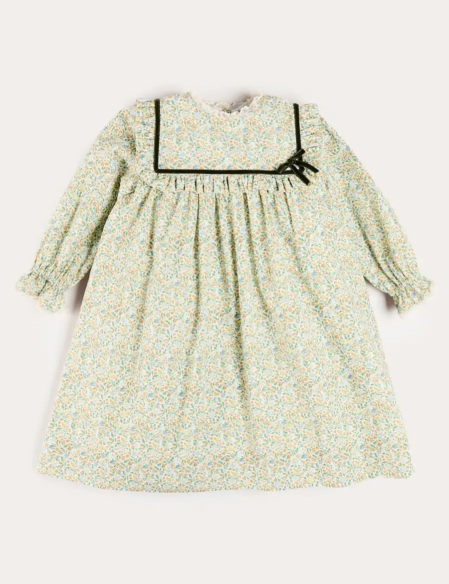 Adelaide Floral Velvet Bow Long Sleeve Trapeze Dress in Green (18mths-10yrs) Dresses from Pepa London
