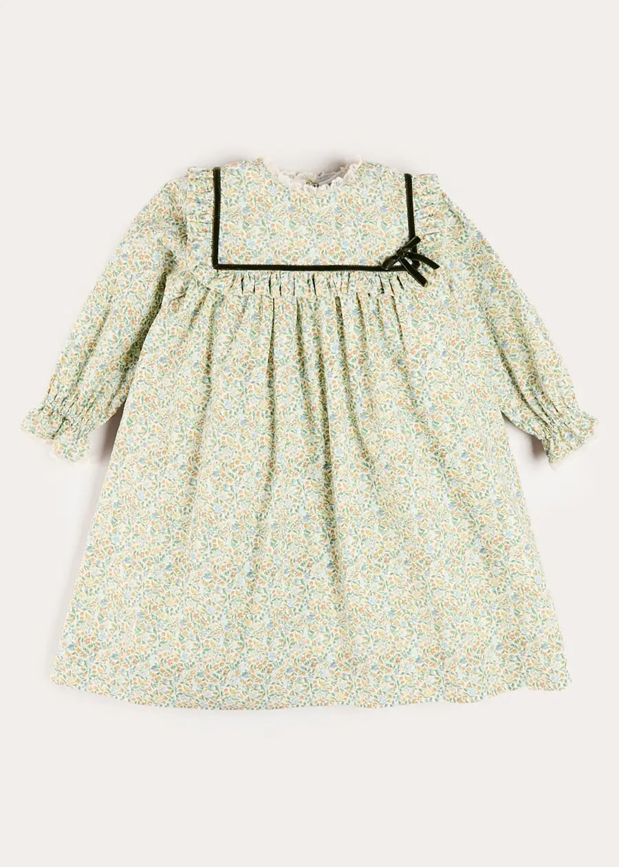 Adelaide Floral Velvet Bow Long Sleeve Trapeze Dress in Green (18mths-10yrs) Dresses from Pepa London