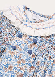 Beatrice Floral Hand Smocked Double Breasted Long Sleeve Dress in Blue (18mths-10yrs) Dresses from Pepa London