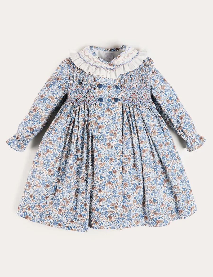 Beatrice Floral Hand Smocked Double Breasted Long Sleeve Dress in Blue (18mths-10yrs) Dresses from Pepa London
