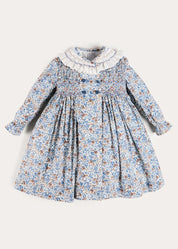 Beatrice Floral Hand Smocked Double Breasted Long Sleeve Dress in Blue (18mths-10yrs) Dresses from Pepa London