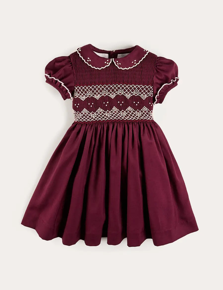 Hand Smocked Peter Pan Collar Short Sleeve Dress in Burgundy (12mths-10yrs) Dresses from Pepa London