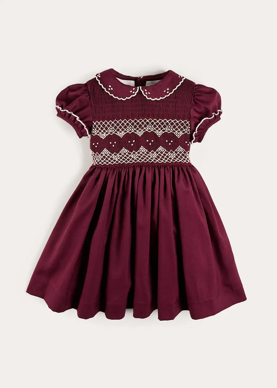 Hand Smocked Peter Pan Collar Short Sleeve Dress in Burgundy (12mths-10yrs) Dresses from Pepa London