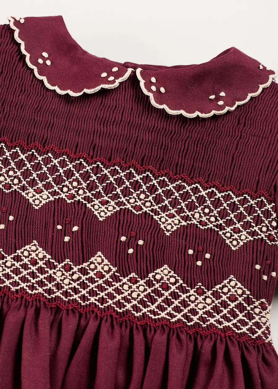 Hand Smocked Peter Pan Collar Short Sleeve Dress in Burgundy (12mths-10yrs) Dresses from Pepa London
