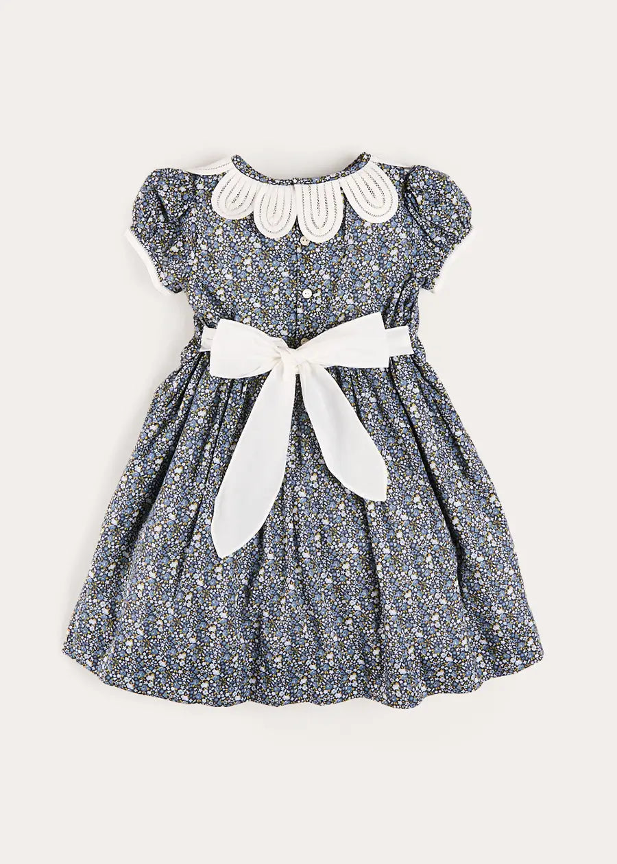Lydia Floral Petal Collar Short Sleeve Bow Detail Dress in Blue (2-12yrs) Dresses from Pepa London