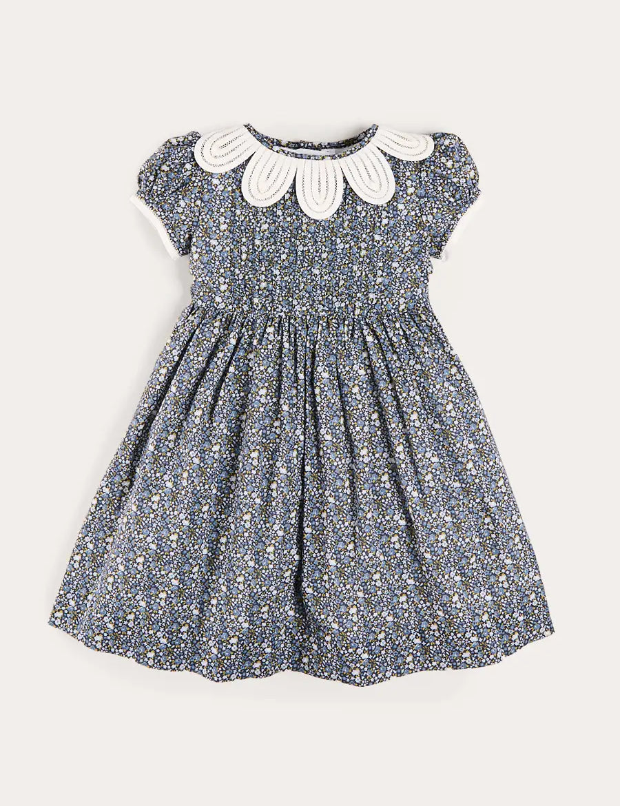 Lydia Floral Petal Collar Short Sleeve Bow Detail Dress in Blue (2-12yrs) Dresses from Pepa London