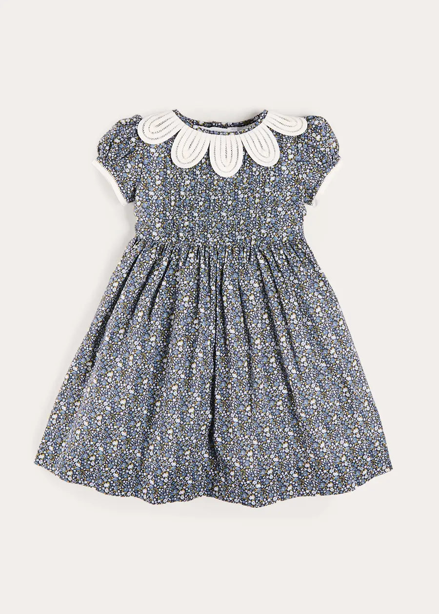Lydia Floral Petal Collar Short Sleeve Bow Detail Dress in Blue (2-12yrs) Dresses from Pepa London