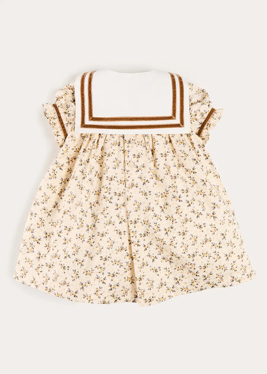 Cora Floral Mariner Collar Velvet Trim Dress in Toffee (18mths-10yrs) Dresses from Pepa London