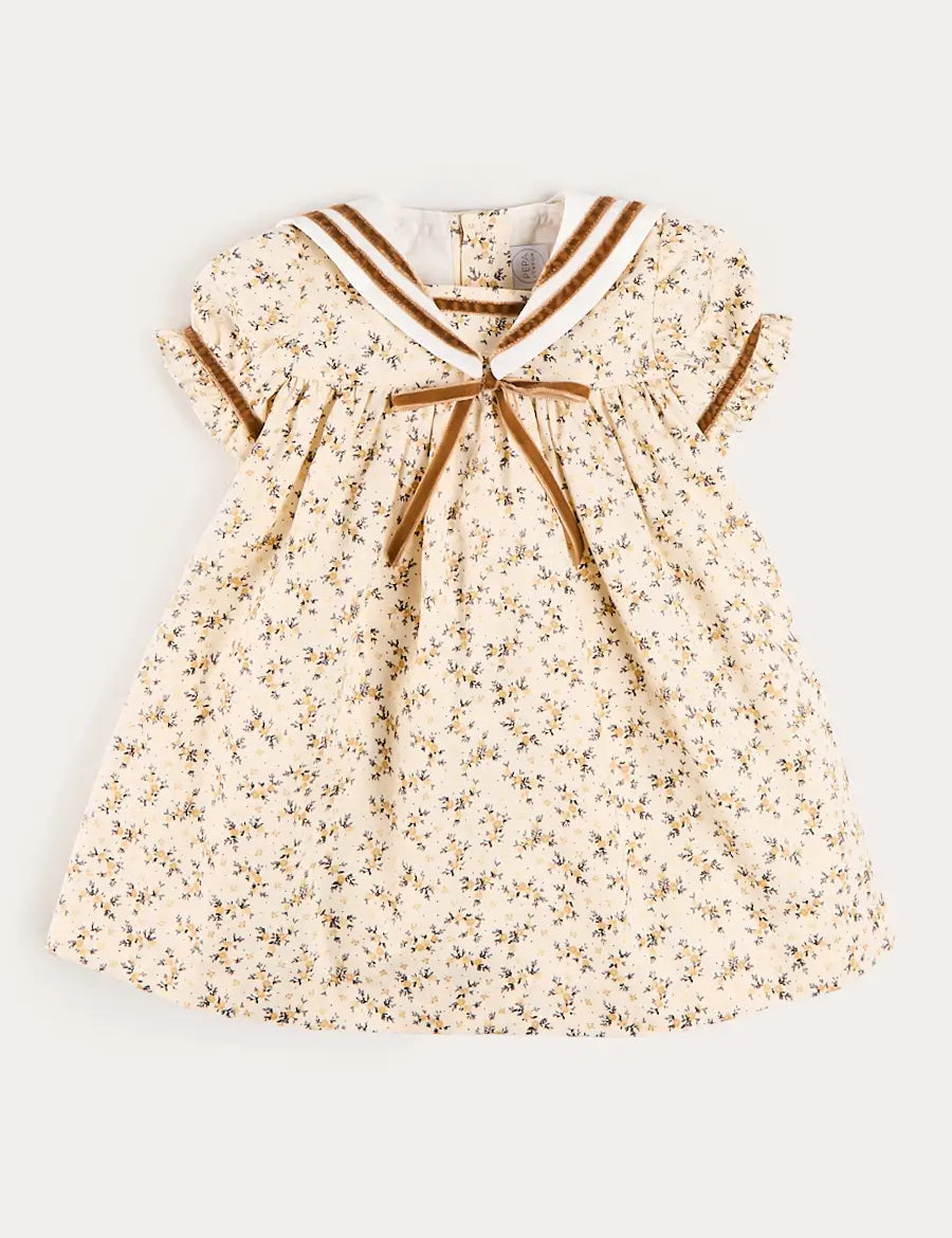 Cora Floral Mariner Collar Velvet Trim Dress in Toffee (18mths-10yrs) Dresses from Pepa London