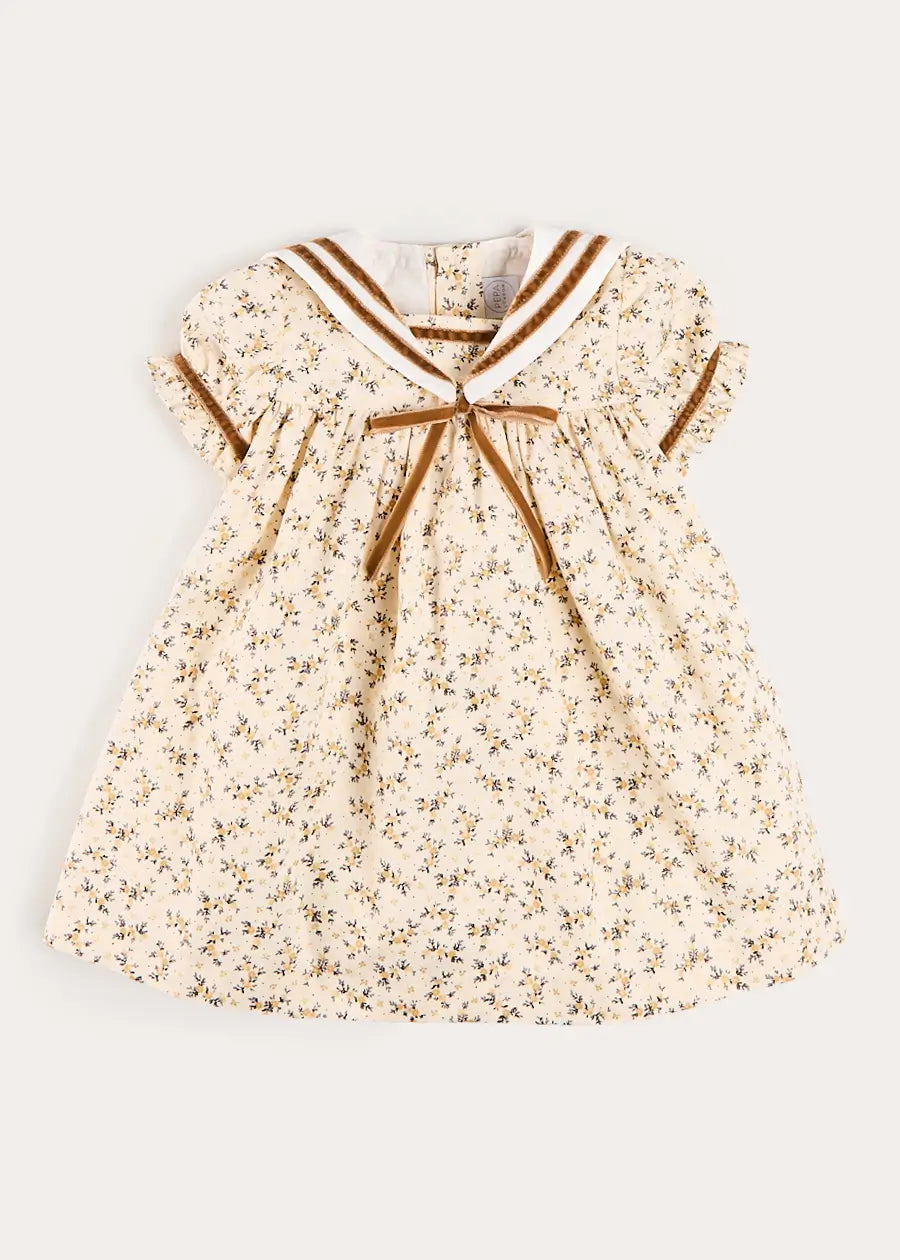 Cora Floral Mariner Collar Velvet Trim Dress in Toffee (18mths-10yrs) Dresses from Pepa London
