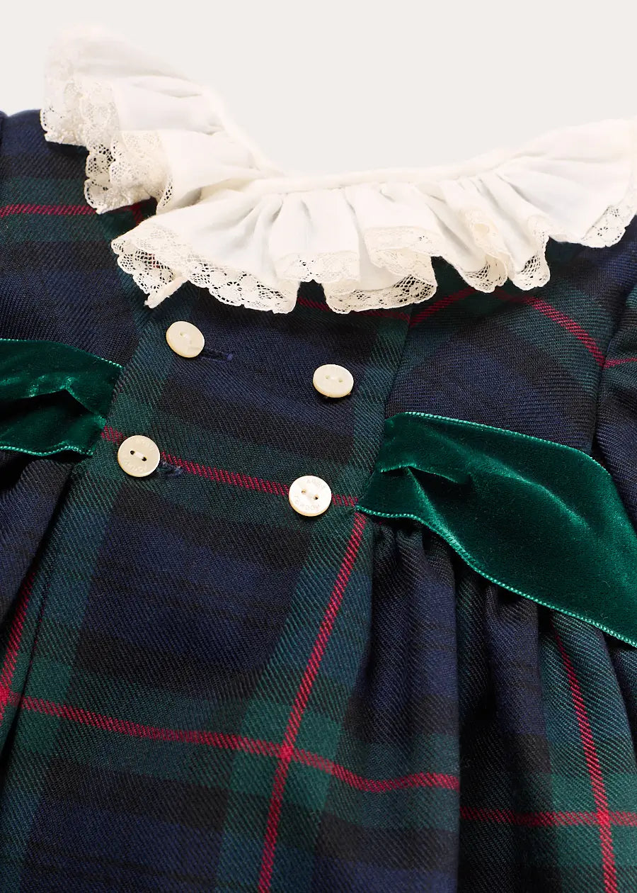 Kinnerton Tartan Double Breasted Velvet Bow Dress in Green (12mths-12yrs) Dresses from Pepa London