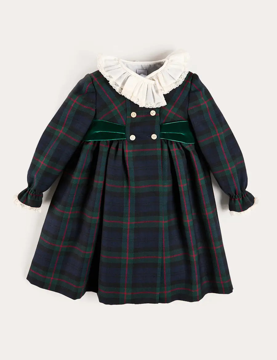 Kinnerton Tartan Double Breasted Velvet Bow Dress in Green (12mths-12yrs) Dresses from Pepa London