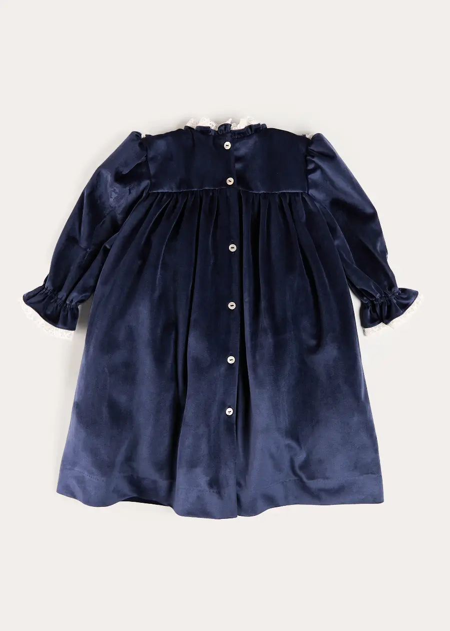 Velvet Hand Smocked Lace Detail Long Sleeve Dress in Navy (2-10yrs) Dresses from Pepa London