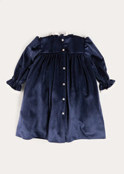Velvet Hand Smocked Lace Detail Long Sleeve Dress in Navy (2-10yrs) Dresses from Pepa London