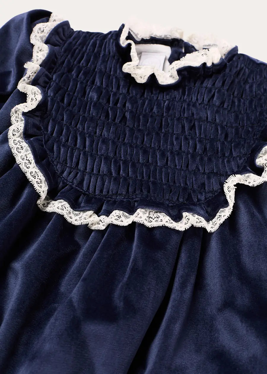 Velvet Hand Smocked Lace Detail Long Sleeve Dress in Navy (2-10yrs) Dresses from Pepa London