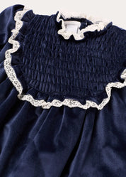 Velvet Hand Smocked Lace Detail Long Sleeve Dress in Navy (2-10yrs) Dresses from Pepa London