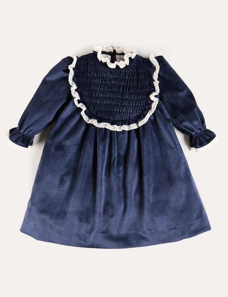 Velvet Hand Smocked Lace Detail Long Sleeve Dress in Navy (2-10yrs) Dresses from Pepa London