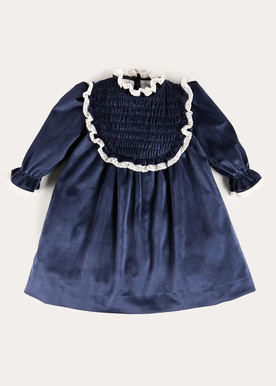 Velvet Hand Smocked Lace Detail Long Sleeve Dress in Navy (2-10yrs) Dresses from Pepa London