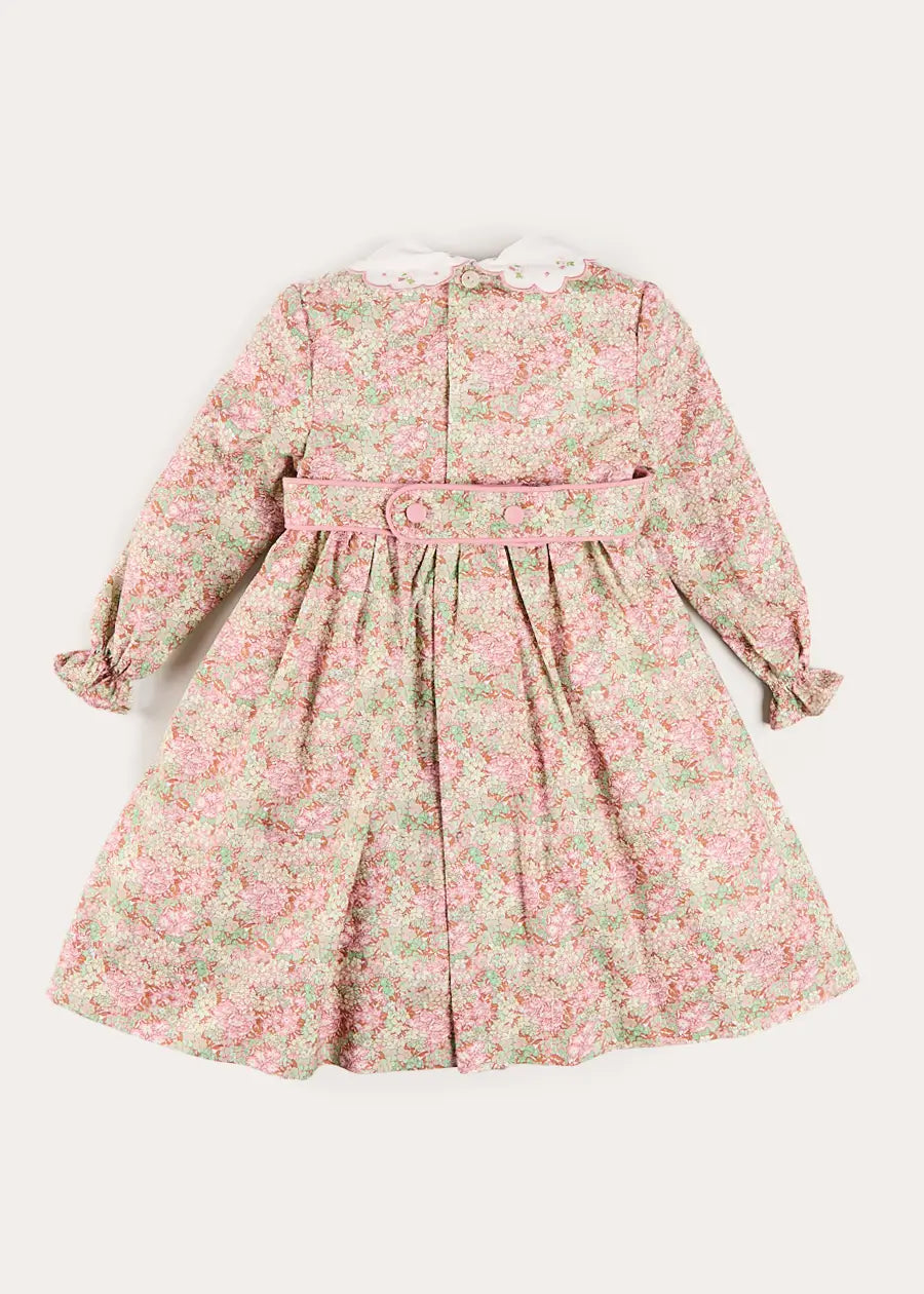 Viola Floral Hand Smocked Double Breasted Embroidered Collar Dress in Green (12mths-10yrs) Dresses from Pepa London