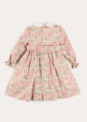 Viola Floral Hand Smocked Double Breasted Embroidered Collar Dress in Green (12mths-10yrs) Dresses from Pepa London