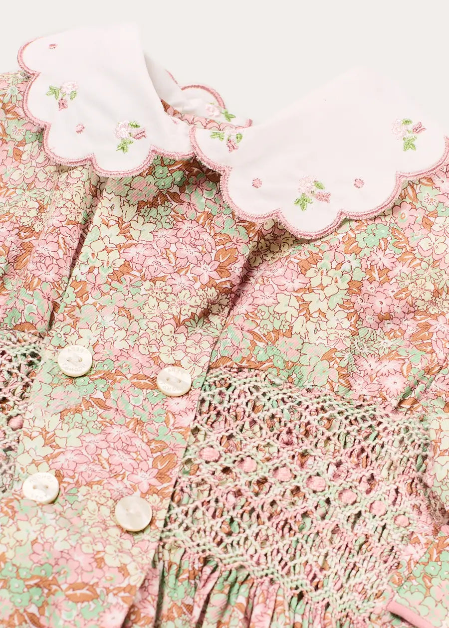 Viola Floral Hand Smocked Double Breasted Embroidered Collar Dress in Green (12mths-10yrs) Dresses from Pepa London