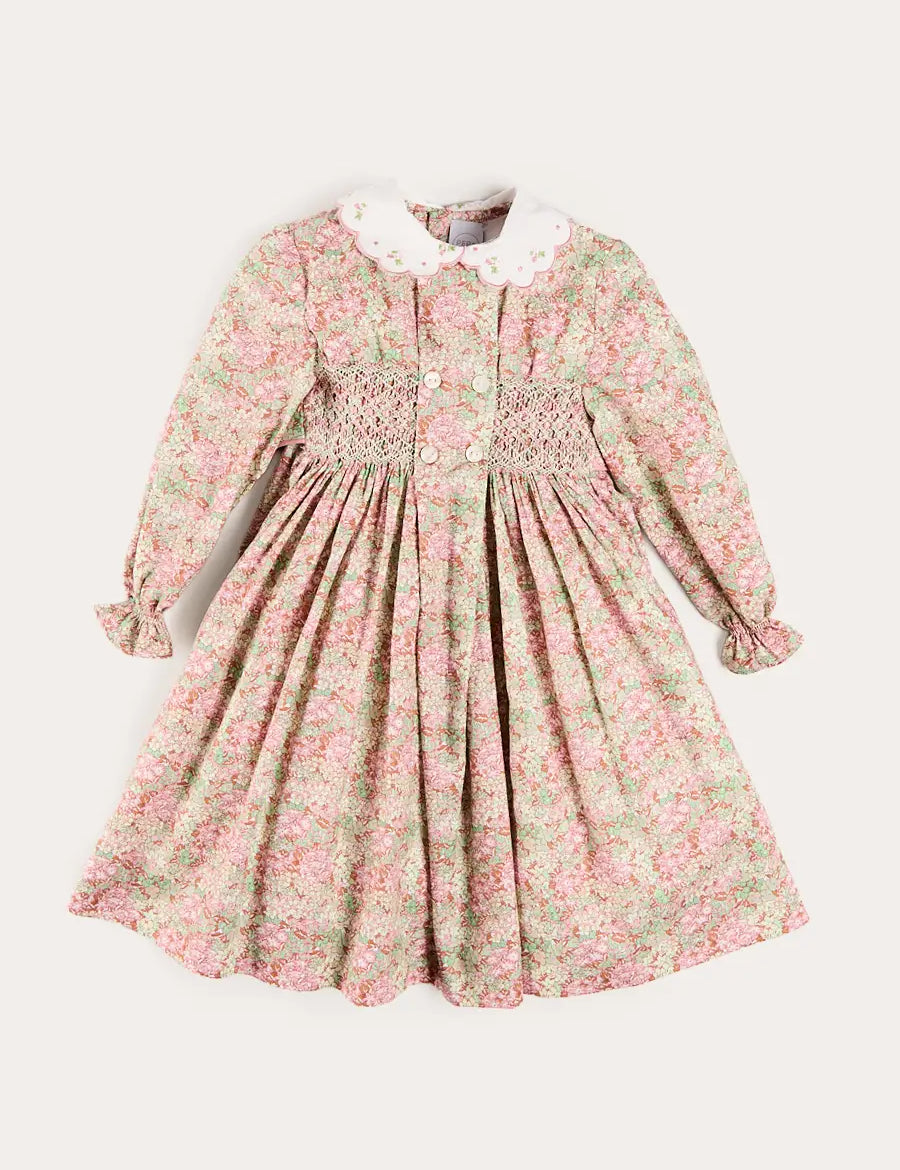 Viola Floral Hand Smocked Double Breasted Embroidered Collar Dress in Green (12mths-10yrs) Dresses from Pepa London